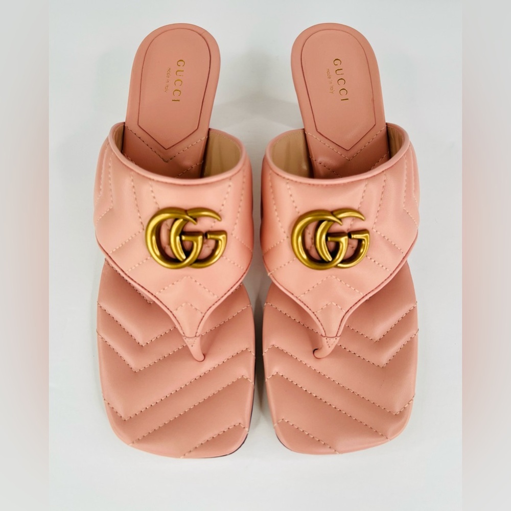 Gucci Marmont Double G Chevron GG Logo Pink Thong Mule Kitten Sandals Size EU 40 - Picture 4 of 11